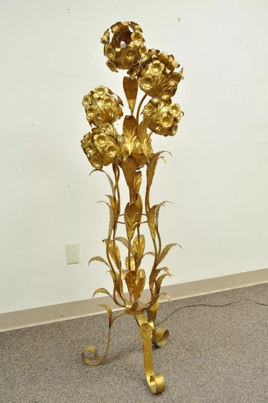 Vintage Italian Hollywood Regency Gold Gilt Floral Tole Metal 6 Light Floor Lamp 1
