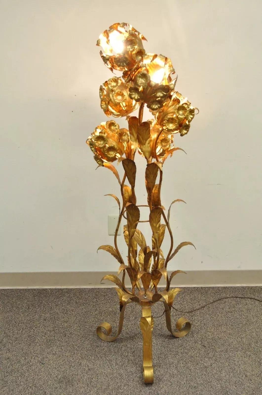 Vintage Italian Hollywood Regency Gold Gilt Floral Tole Metal 6 Light Floor Lamp 3