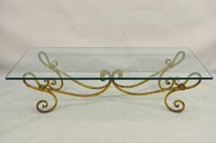Vintage Italian Hollywood Regency Gold Gilt Iron Base Glass Top Coffee Table