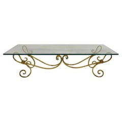 Vintage Italian Hollywood Regency Gold Gilt Iron Base Glass Top Coffee Table