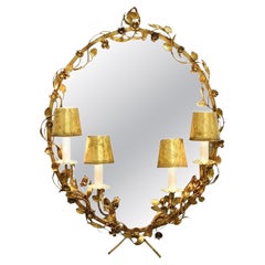 Vintage Italian Hollywood Regency Gold Gilt Iron Floral Wall Sconce Oval Mirror