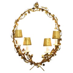 Vintage Italian Hollywood Regency Gold Gilt Iron Floral Wall Sconce Oval Mirror