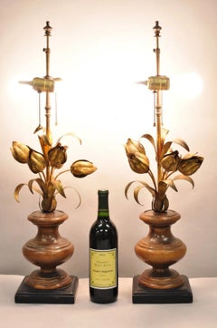 Vintage Italian Hollywood Regency Gold Gilt Iron Flower Bouquet Table Lamps Pair