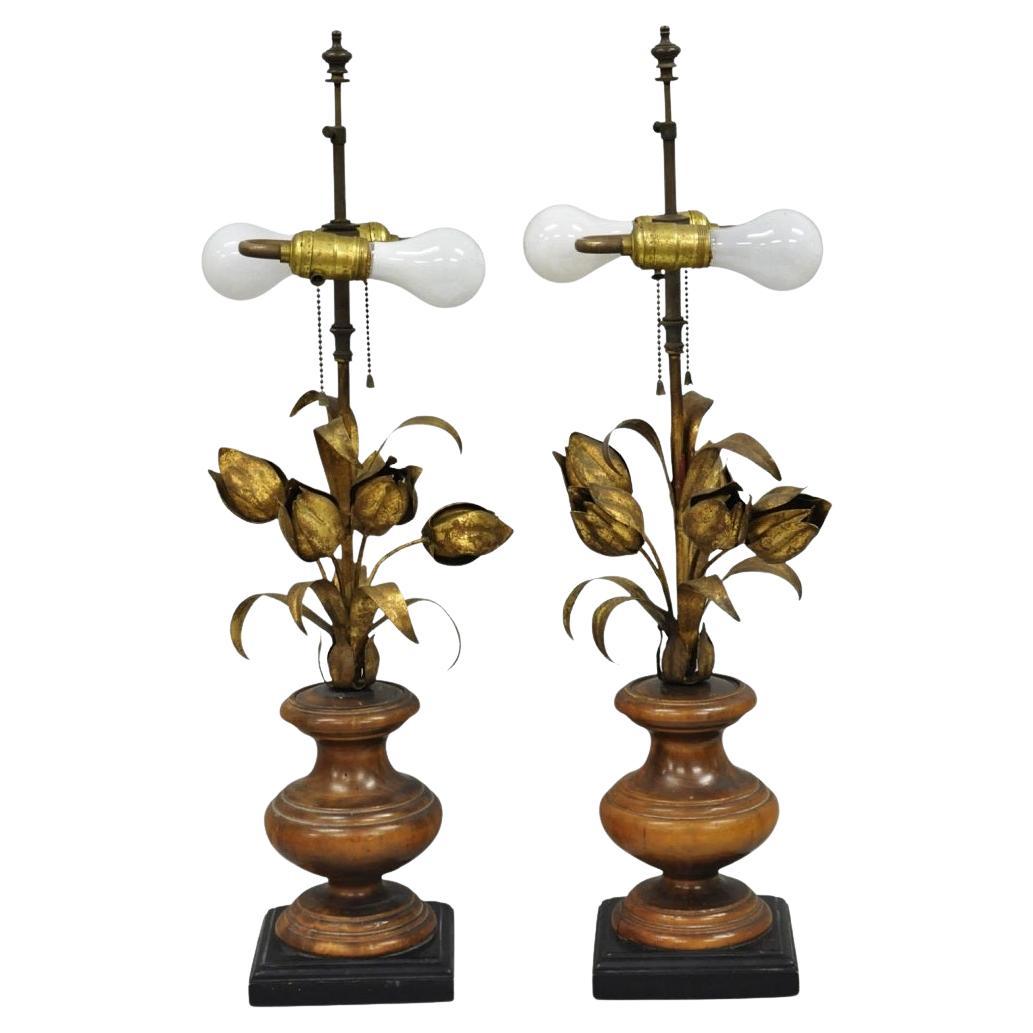 Vintage Italian Hollywood Regency Gold Gilt Iron Flower Bouquet Table Lamps Pair
