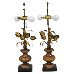 Vintage Italian Hollywood Regency Gold Gilt Iron Flower Bouquet Table Lamps Pair