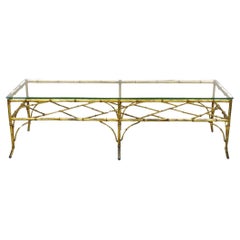 Vintage Italian Hollywood Regency Gold Gilt Iron Glass Faux Bamboo Coffee Table