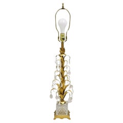 Vintage Italian Hollywood Regency Gold Gilt Iron Leafy Table Lamp w/ Crystals