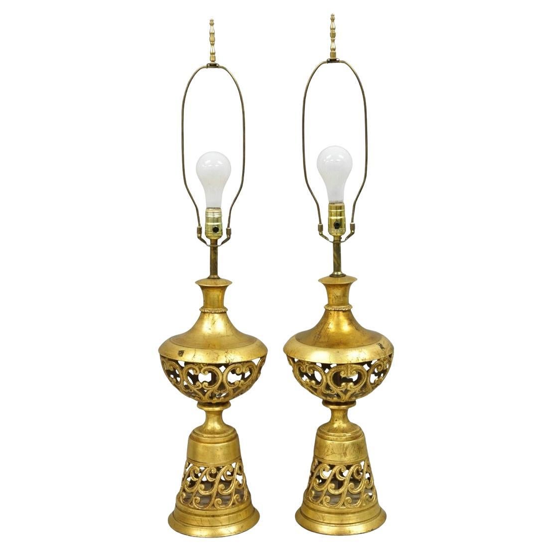 Vintage Italian Hollywood Regency Gold Gilt Iron Metal Fretwork Table Lamps Pair