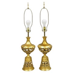 Vintage Italian Hollywood Regency Gold Gilt Iron Metal Fretwork Table Lamps Pair