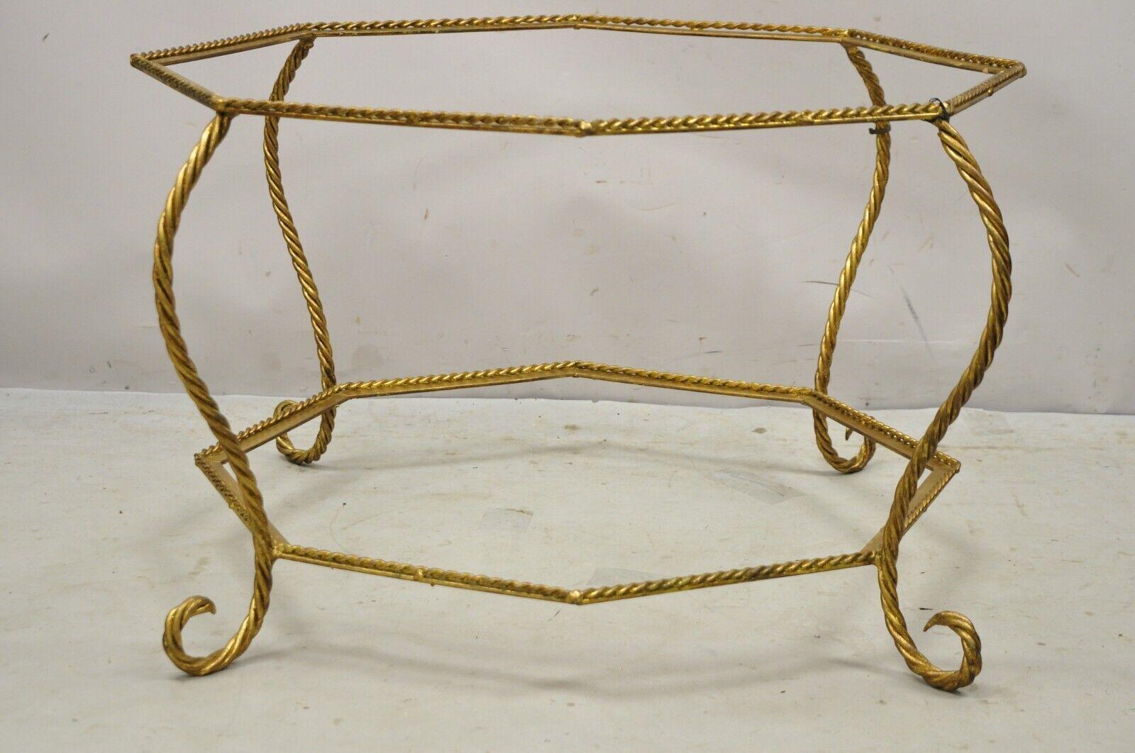Vintage Italian Hollywood Regency gold gilt iron rope metal coffee table base. Item features a wrought iron gold gilt rope form base, 2 surface tiers (no glass), quality Italian craftsmanship, great style and form. Great to add glass or a wood to