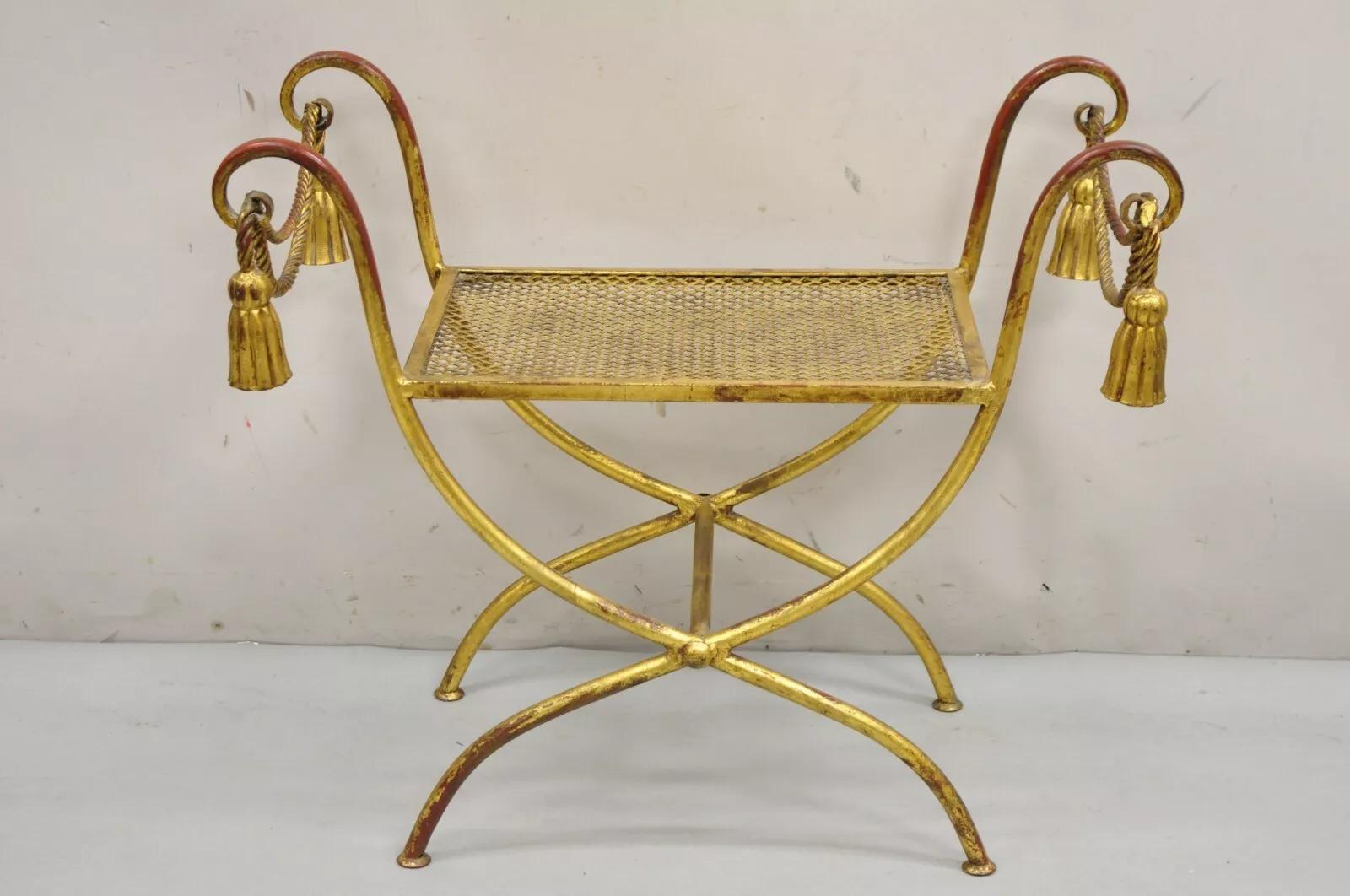 Italienische Hollywood-Regency-Schminkbank, Vintage, Gold, vergoldetes Eisen, Seil, Quaste, Curule im Angebot 4