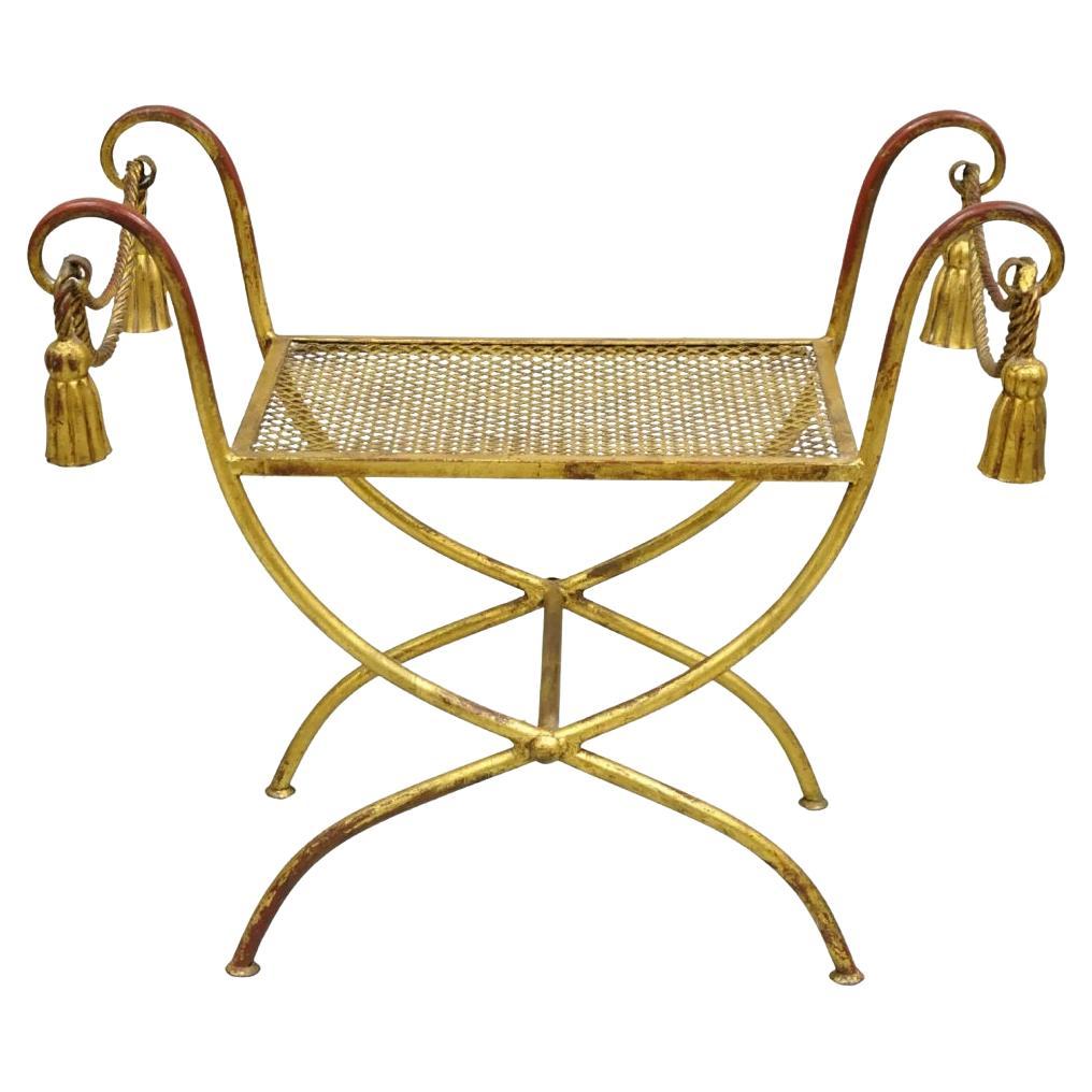 Italienische Hollywood-Regency-Schminkbank, Vintage, Gold, vergoldetes Eisen, Seil, Quaste, Curule im Angebot