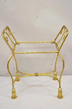 Vintage Italian Hollywood Regency Gold Gilt Iron Rope Tassel Vanity Bench Chair