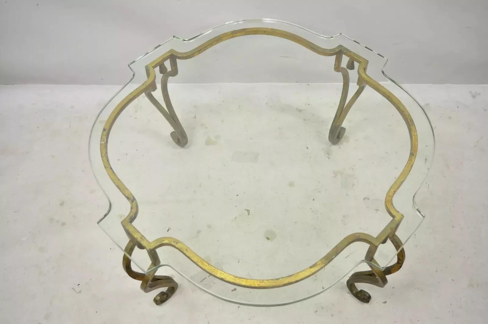 20th Century Vintage Italian Hollywood Regency Gold Gilt Iron Scalloped Glass Coffee Table For Sale