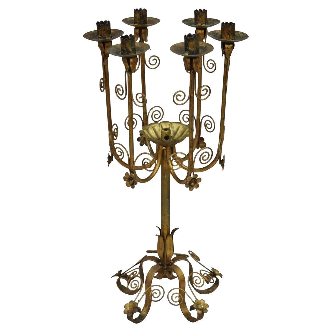 Vintage Italian Hollywood Regency Gold Gilt Iron Scrolling 6 Arm Arm Candelabra