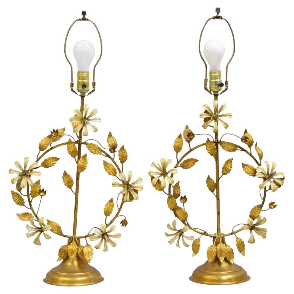 Vintage Italian Hollywood Regency Gold vergoldet Eisen Tole Metall Tischlampen - ein Paar