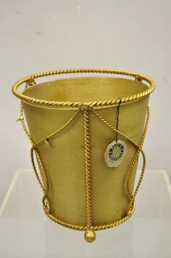 Vintage Italian Hollywood Regency Gold Gilt Iron Tole Wastebasket Trashcan