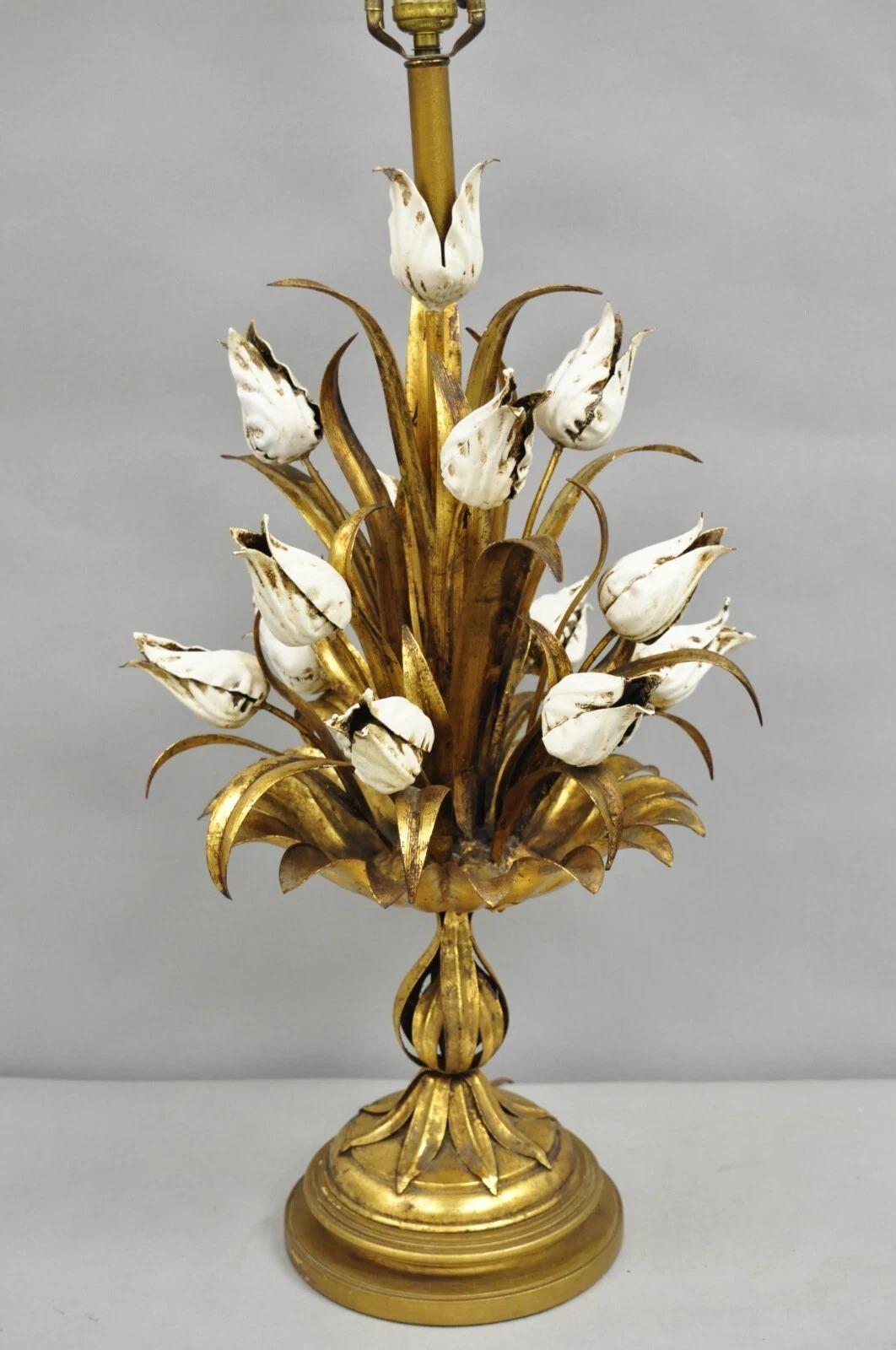 Vintage Italian Hollywood Regency Gold Gilt Iron White Tulip Flower Table Lamp For Sale 7