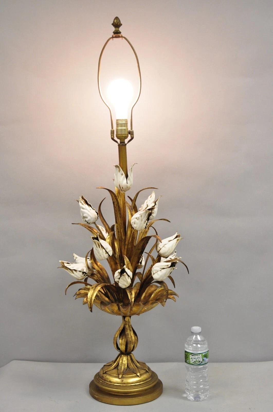 Vintage Italian Hollywood Regency Leafy Gold Gilt Iron White Tulip Flower Table Lamp. Circa Mid 20th Century. Measurements: 41.5