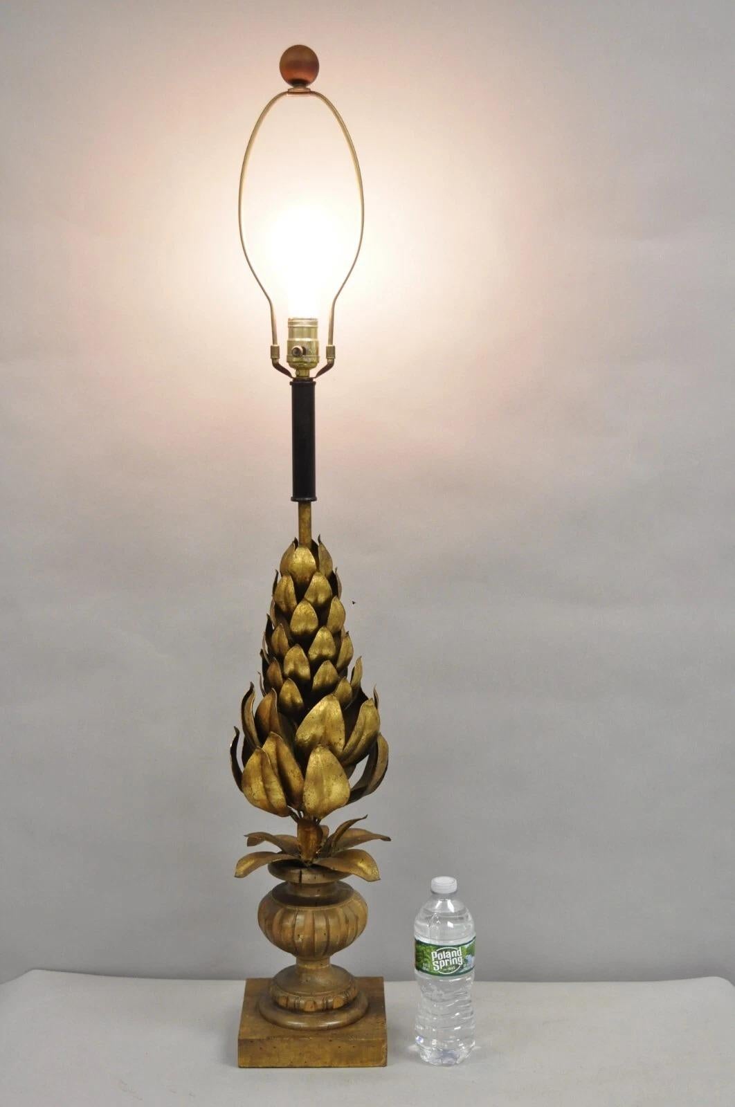 Vintage Italian Hollywood Regency Gold Gilt Leafy Iron Artichoke Table Lamp For Sale 5