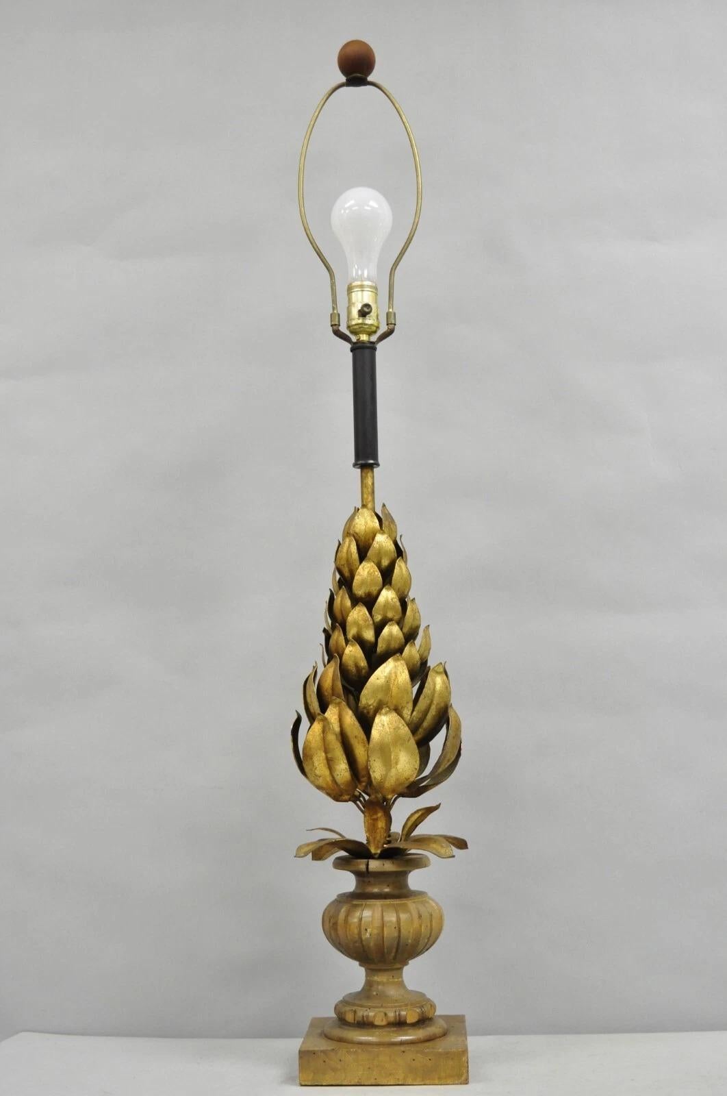 Vintage Italian Hollywood Regency Gold Gilt Leafy Iron Artichoke Table Lamp For Sale 6