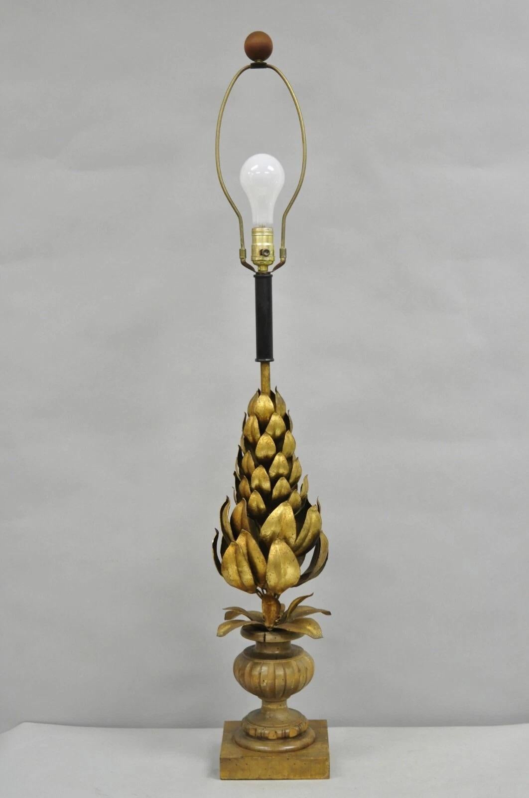 Vintage Italian Hollywood Regency Gold Gilt Leafy Iron Artichoke Table Lamp on Carved Wood Distressed Base. Circa Mid 20th Century. Measurements: 43