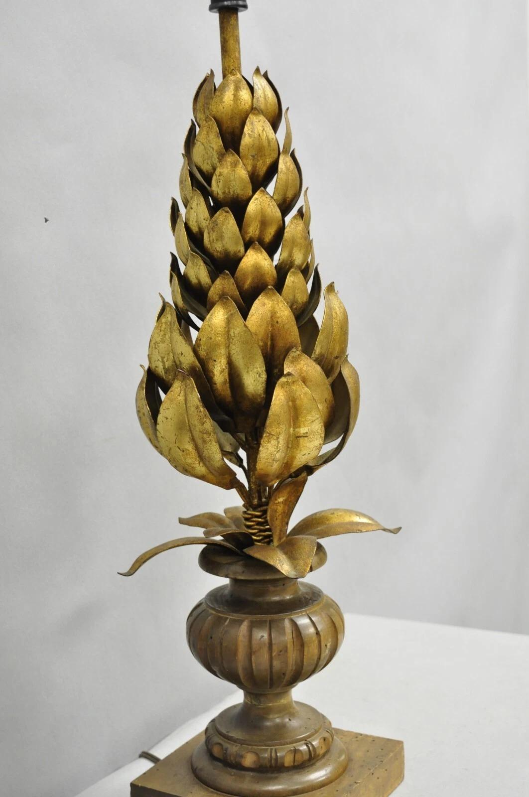 Vintage Italian Hollywood Regency Gold Gilt Leafy Iron Artichoke Table Lamp For Sale 3