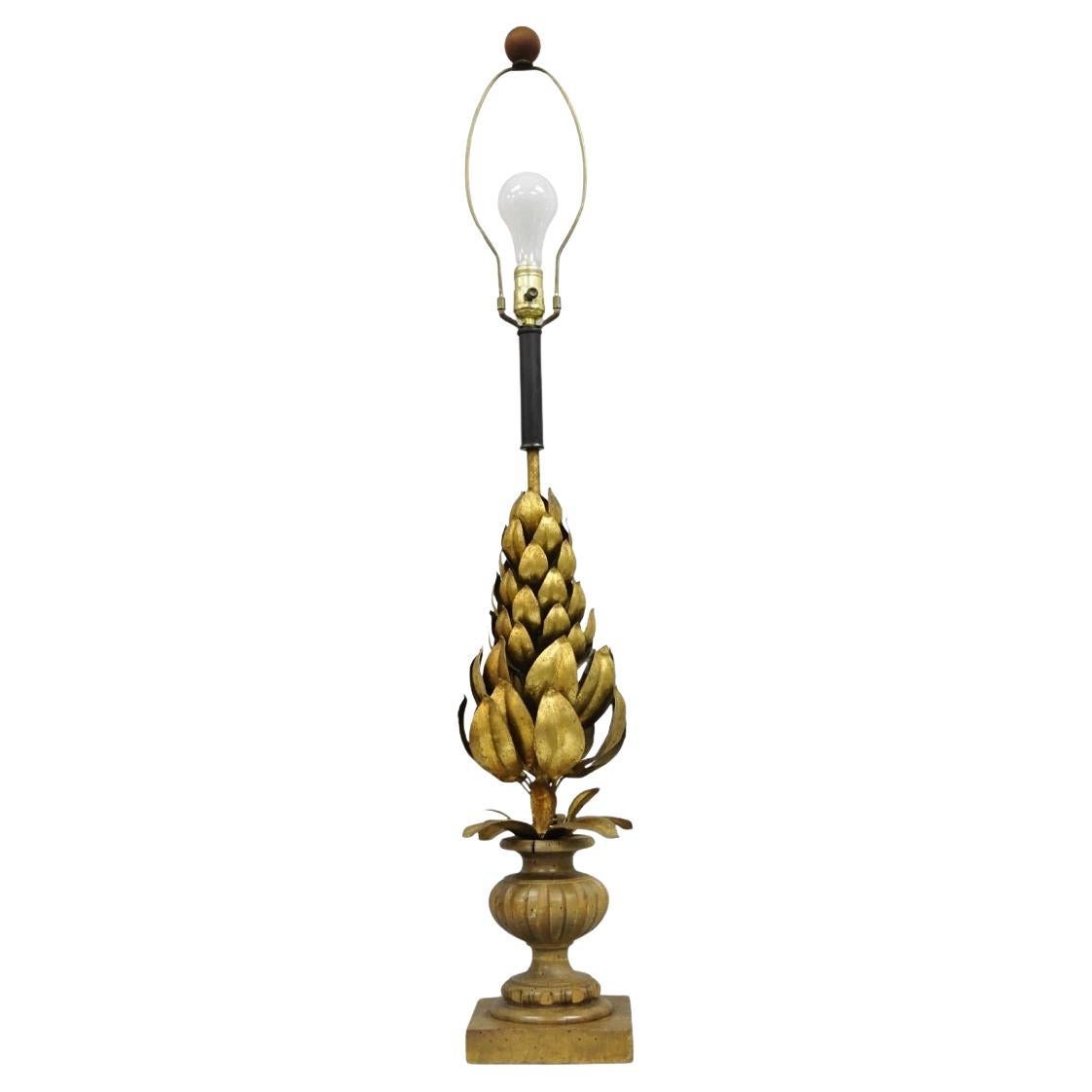 Vintage Italian Hollywood Regency Gold Gilt Leafy Iron Artichoke Table Lamp For Sale