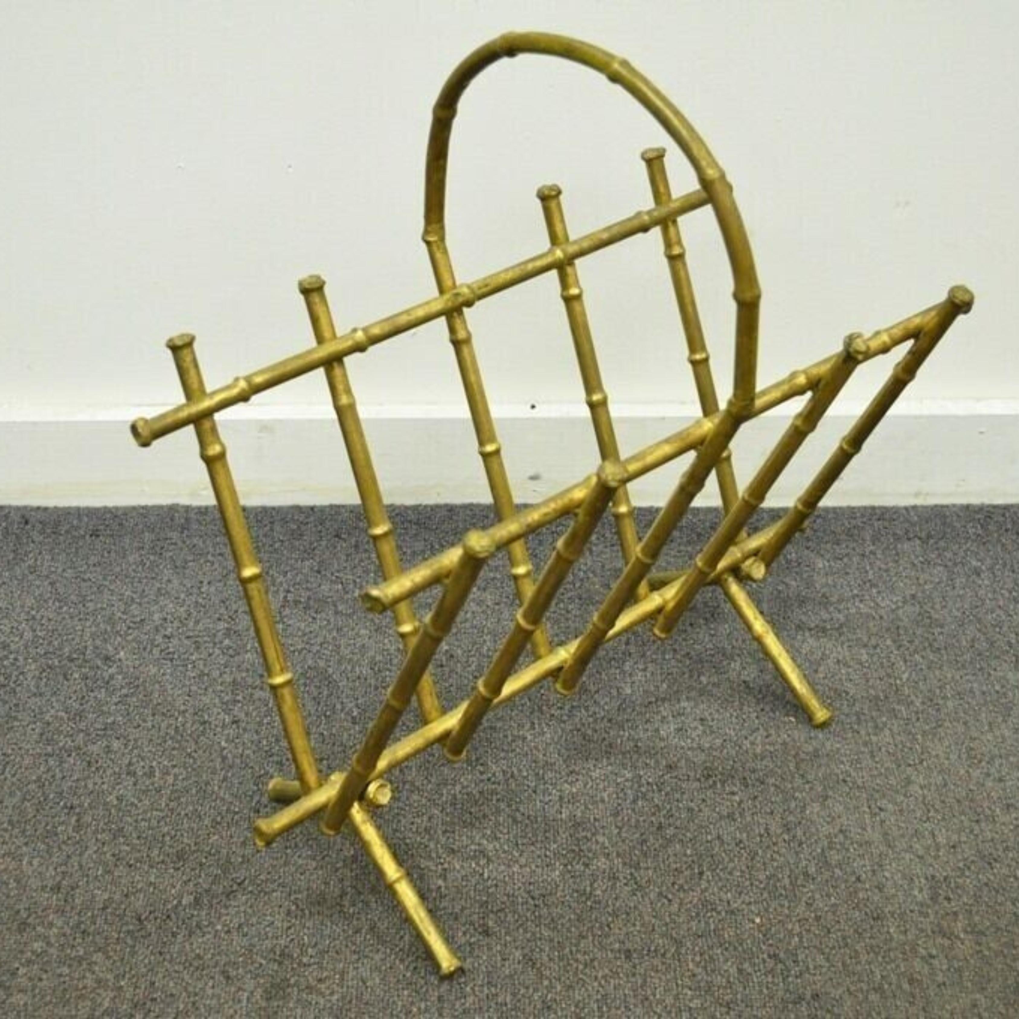 Vintage Italian Hollywood Regency Gold Gilt Metal Faux Bamboo Magazine Rack For Sale 6