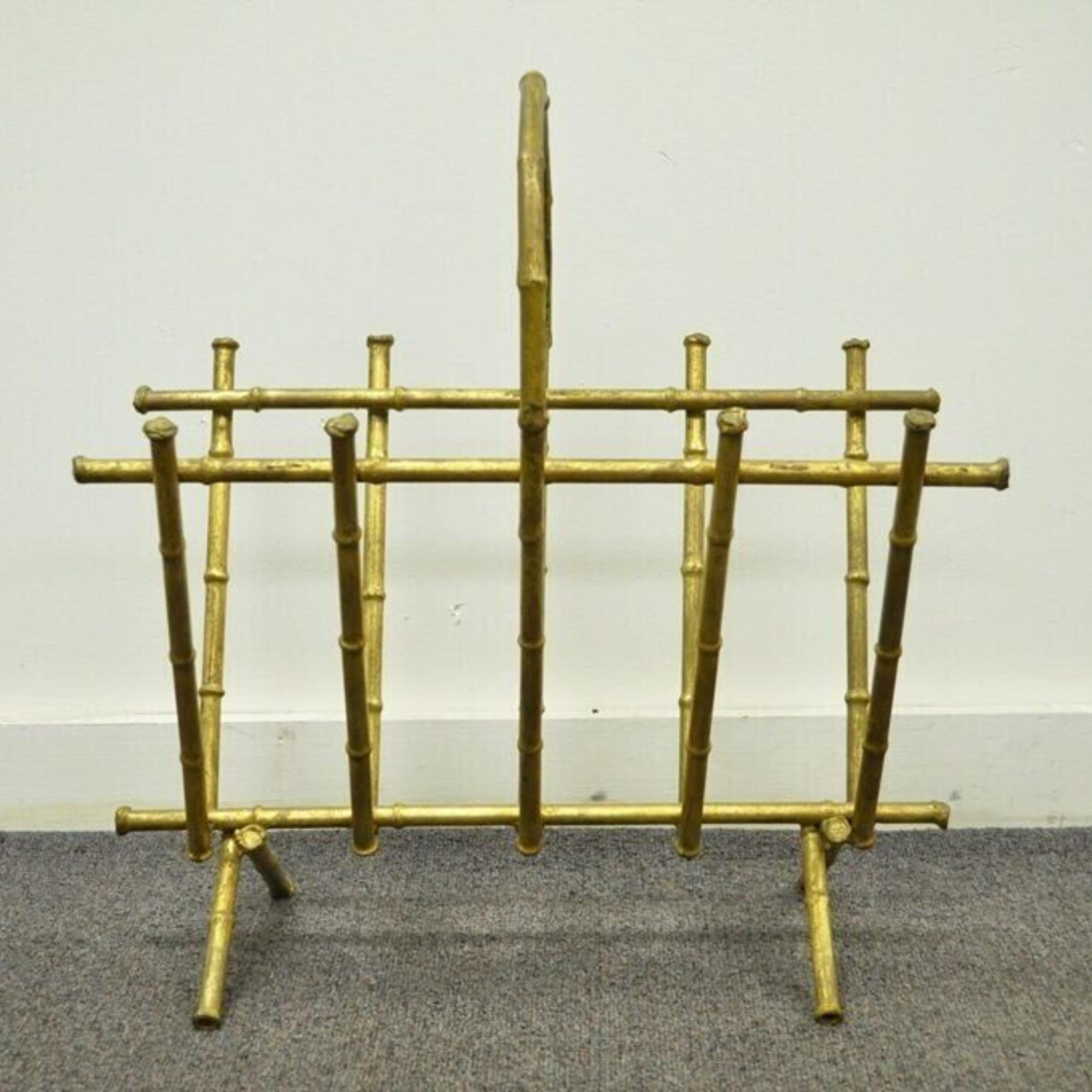 Vintage Italian Hollywood Regency Gold Gilt Metal Faux Bamboo Magazine Rack. Circa  Mid 20th Century. Measurements: 19.5