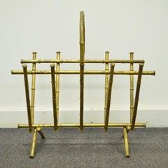 Vintage Italian Hollywood Regency Gold Gilt Metal Faux Bamboo Magazine Rack