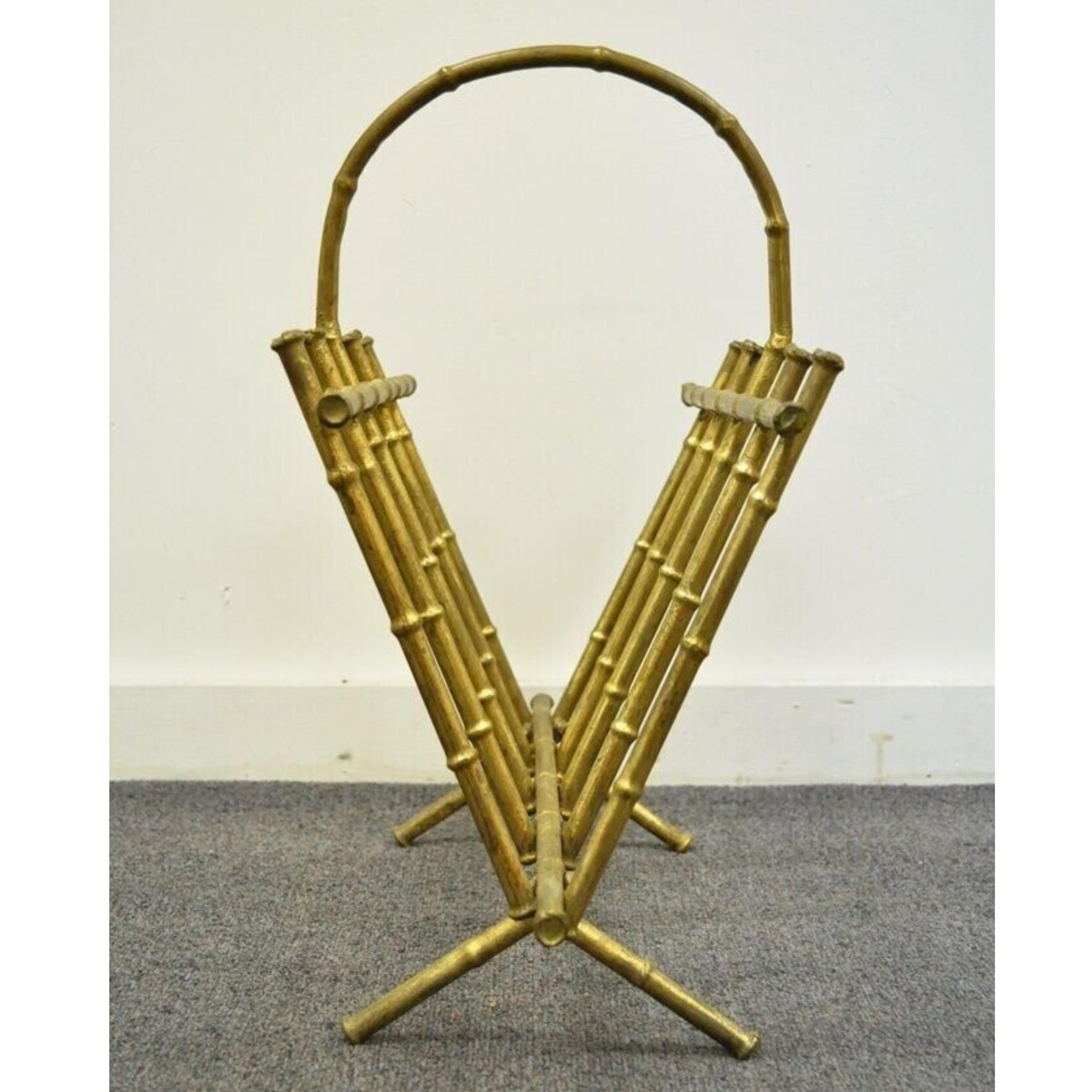 Vintage Italian Hollywood Regency Gold Gilt Metal Faux Bamboo Magazine Rack In Good Condition For Sale In Philadelphia, PA
