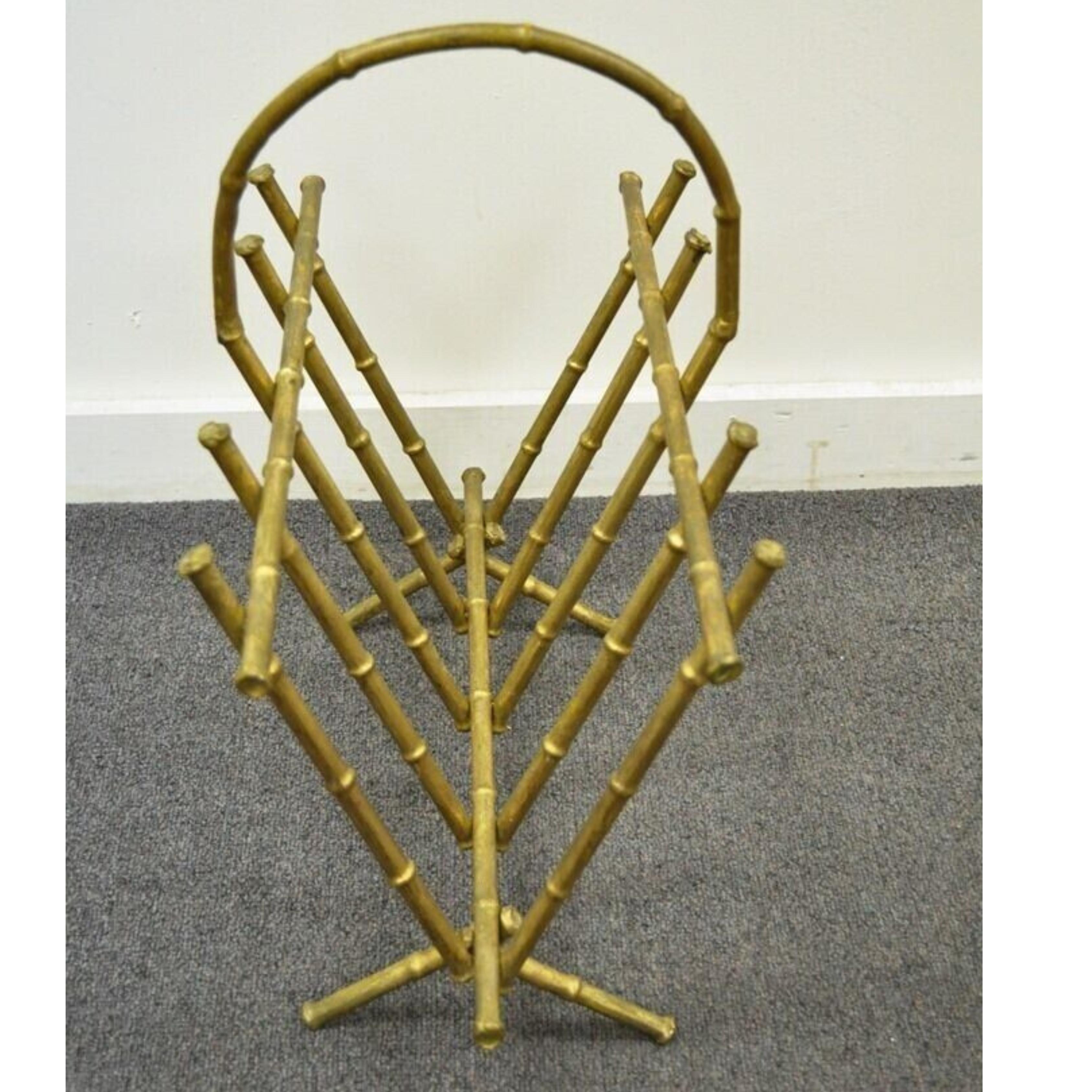 20th Century Vintage Italian Hollywood Regency Gold Gilt Metal Faux Bamboo Magazine Rack For Sale