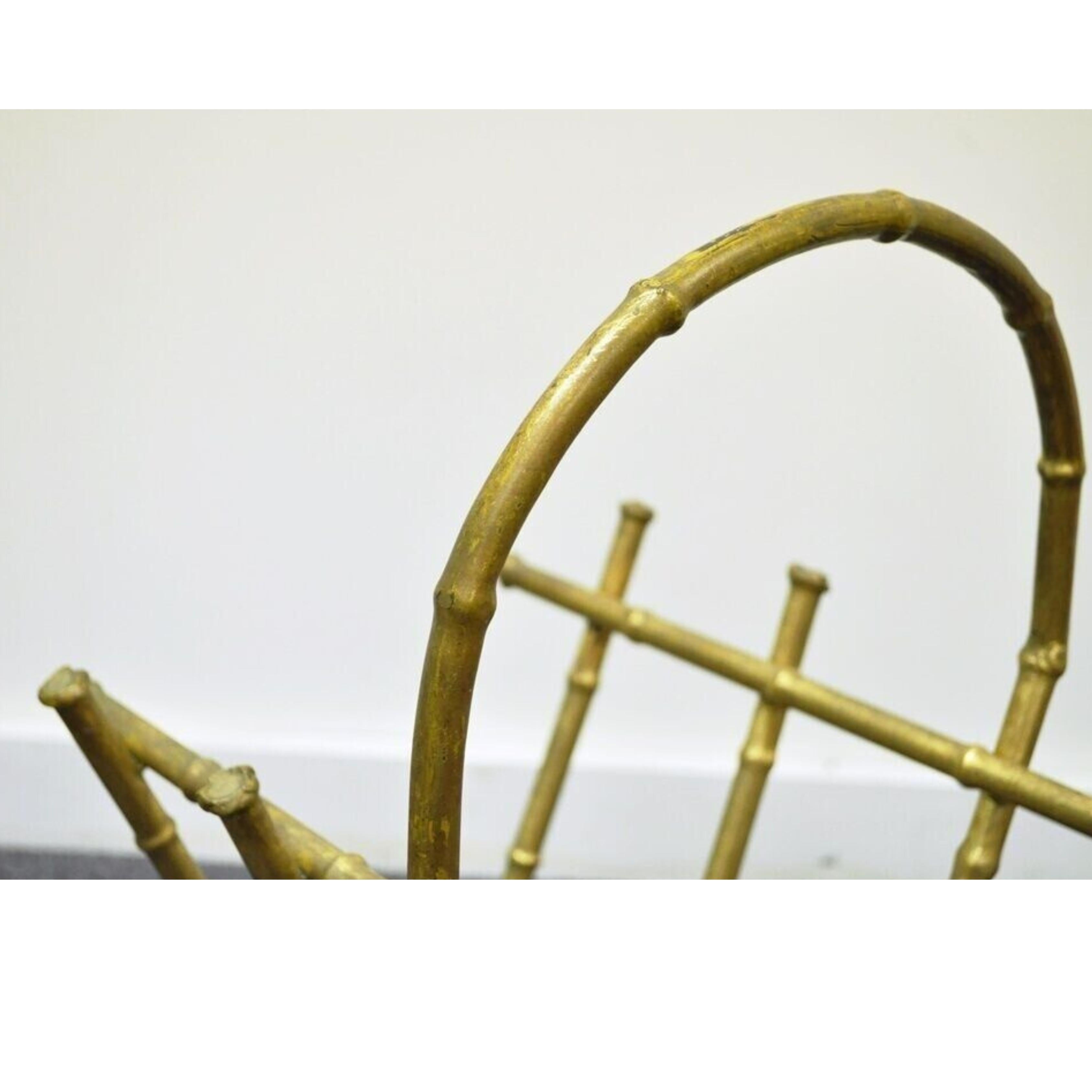 Vintage Italian Hollywood Regency Gold Gilt Metal Faux Bamboo Magazine Rack For Sale 1