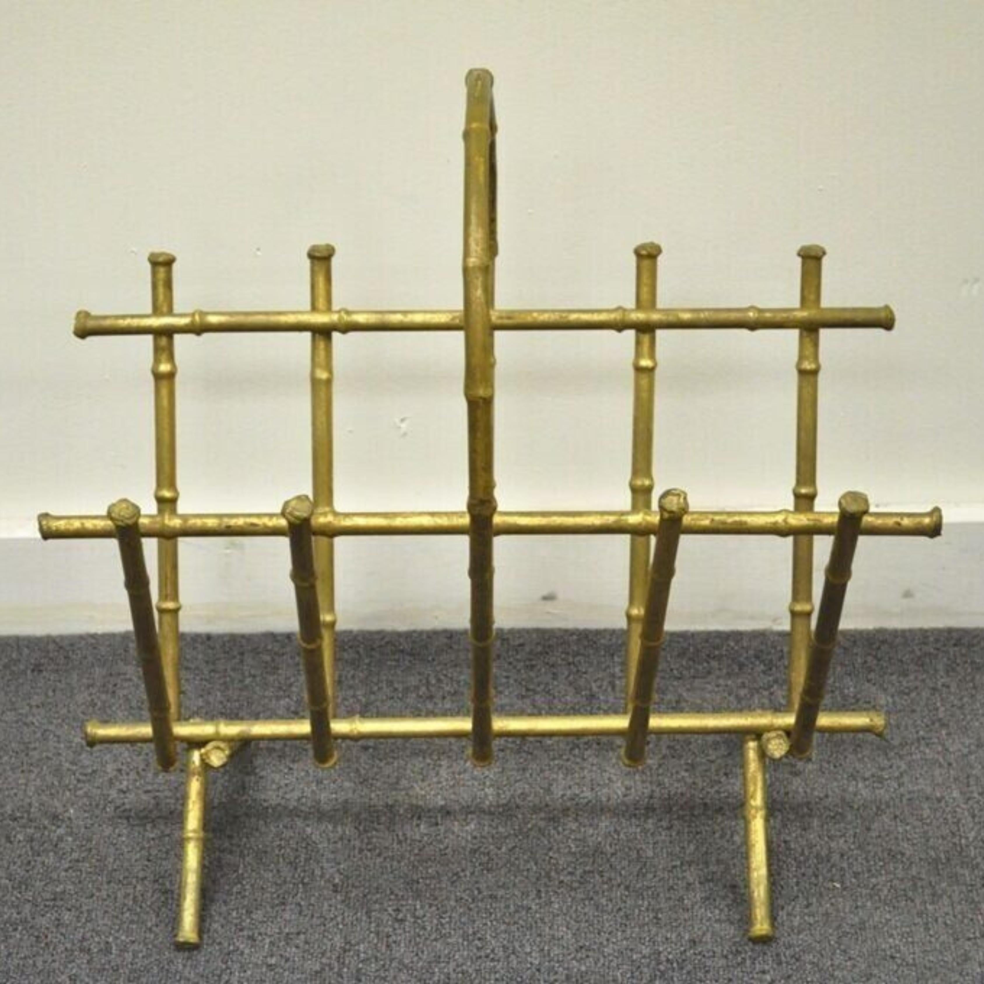 Vintage Italian Hollywood Regency Gold Gilt Metal Faux Bamboo Magazine Rack For Sale 5