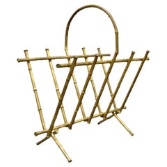 Vintage Italian Hollywood Regency Gold Gilt Metal Faux Bamboo Magazine Rack