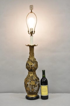 Vintage Italian Hollywood Regency Gold Gilt Metal Lotus & Vine Leaf Table Lamp