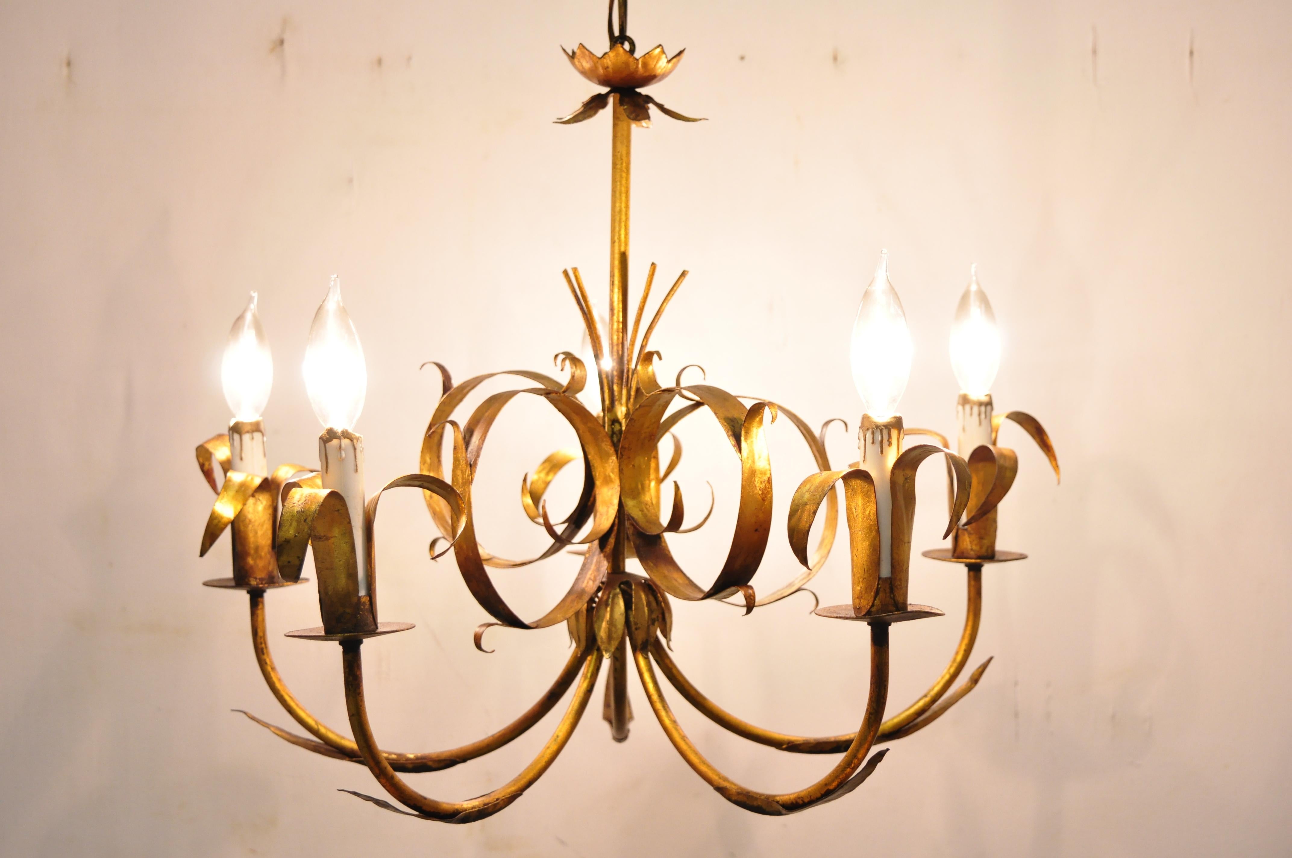 Vintage Italian Hollywood Regency Gold Gilt Tole Metal Chandelier by Ferrocolor 5