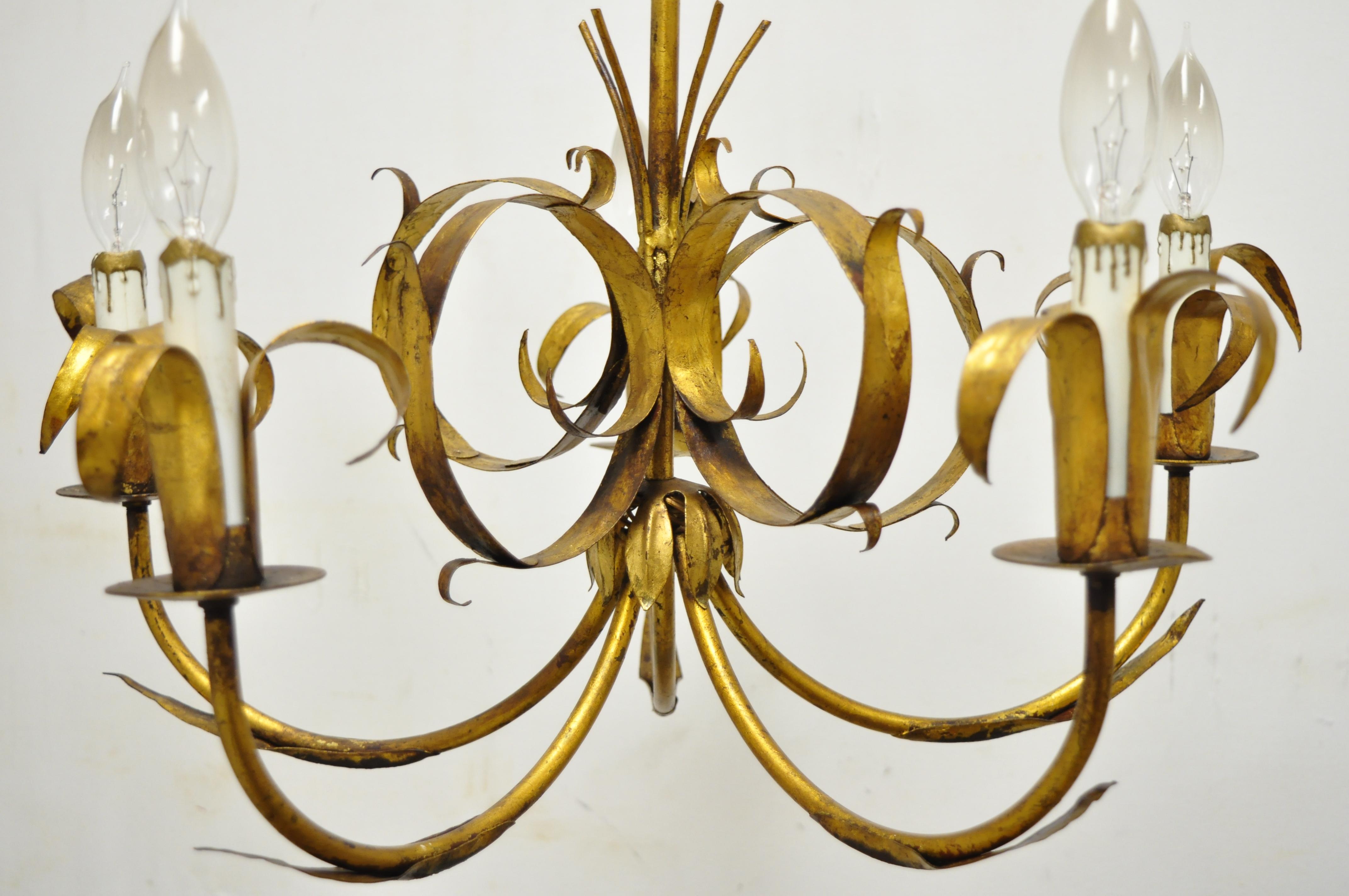 Vintage Italian Hollywood Regency Gold Gilt Tole Metal Chandelier by Ferrocolor In Good Condition In Philadelphia, PA