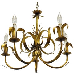 Vintage Italian Hollywood Regency Gold Gilt Tole Metal Chandelier by Ferrocolor