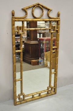 Vintage Italian Hollywood Regency Gold Giltwood Faux Bamboo Pagoda Wall Mirror