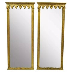 Vintage Italian Hollywood Regency Gold Giltwood Narrow Wall Mirrors - a Pair
