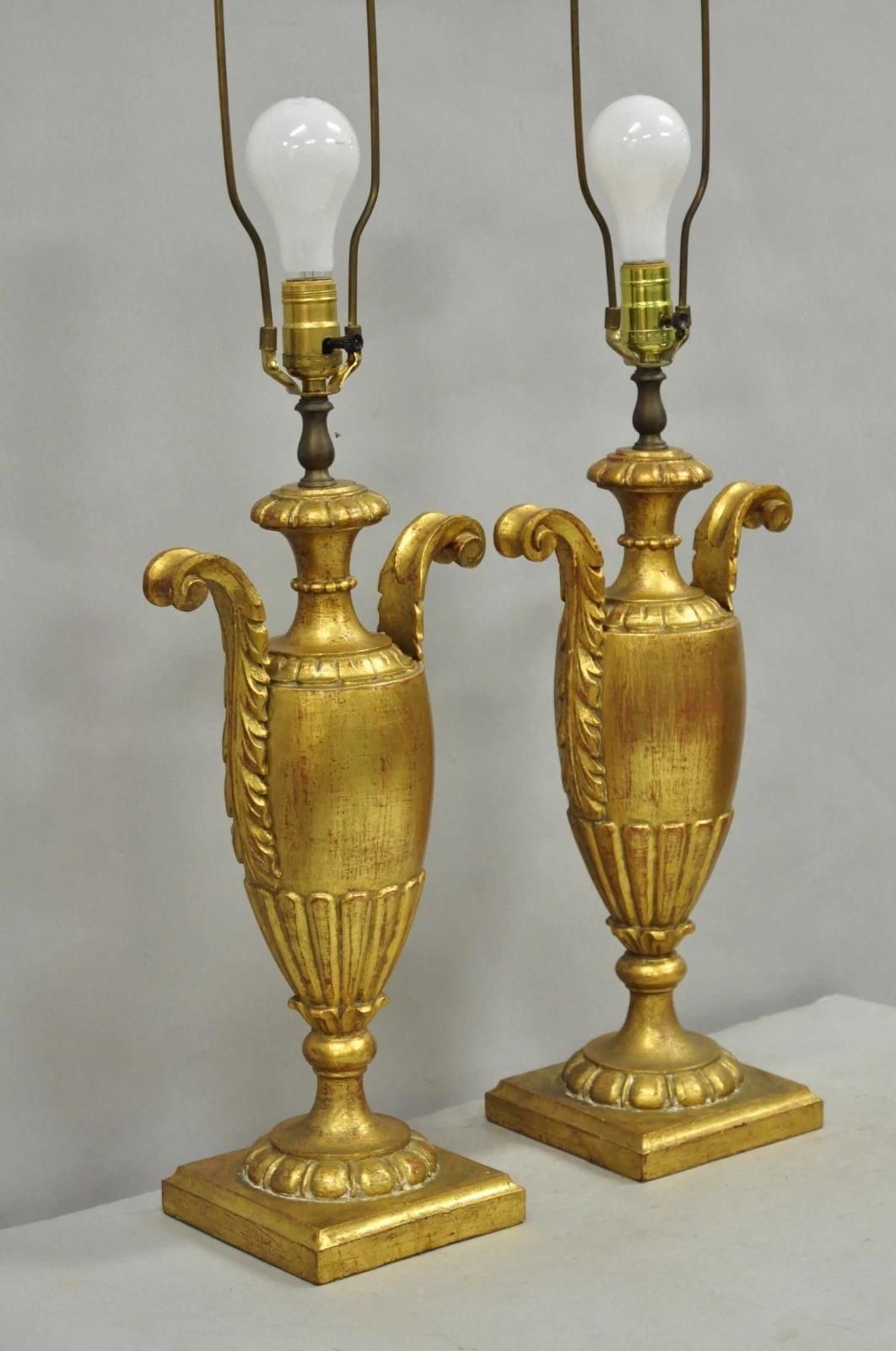 Vintage Italian Hollywood Regency Gold Giltwood Urn Form Table Lamps - a Pair For Sale 4