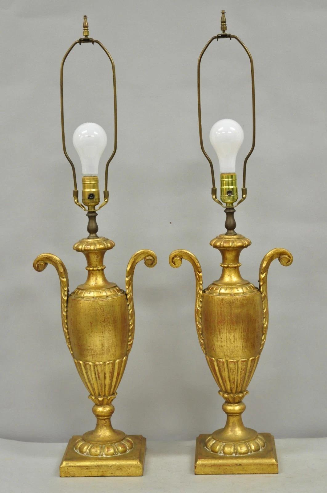 Vintage Italian Hollywood Regency Gold Giltwood Urn Form Table Lamps - a Pair For Sale 6