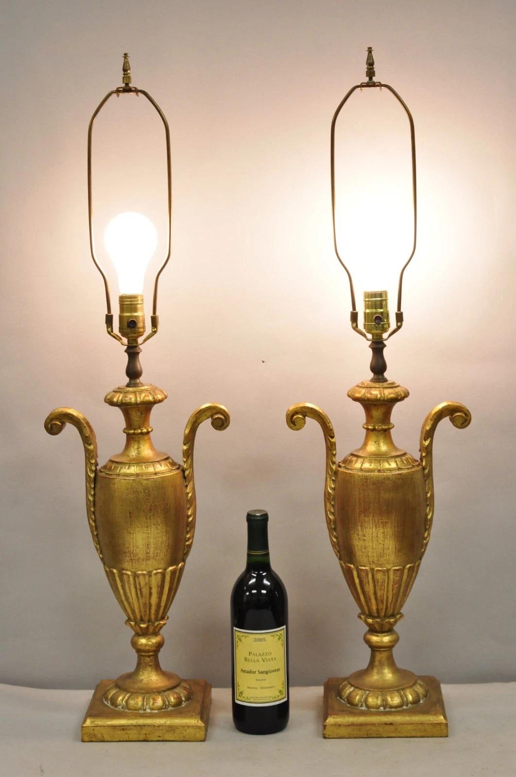 Vintage Italian Hollywood Regency Gold Giltwood Urn Form Table Lamps - a Pair. Circa Mid 20th Century. Measurements: 35