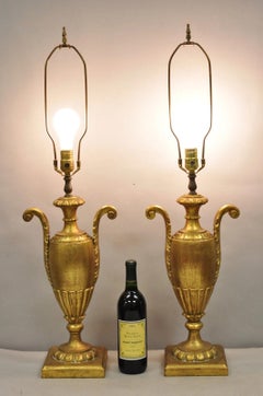 Vintage Italian Hollywood Regency Gold Giltwood Urn Form Table Lamps - a Pair