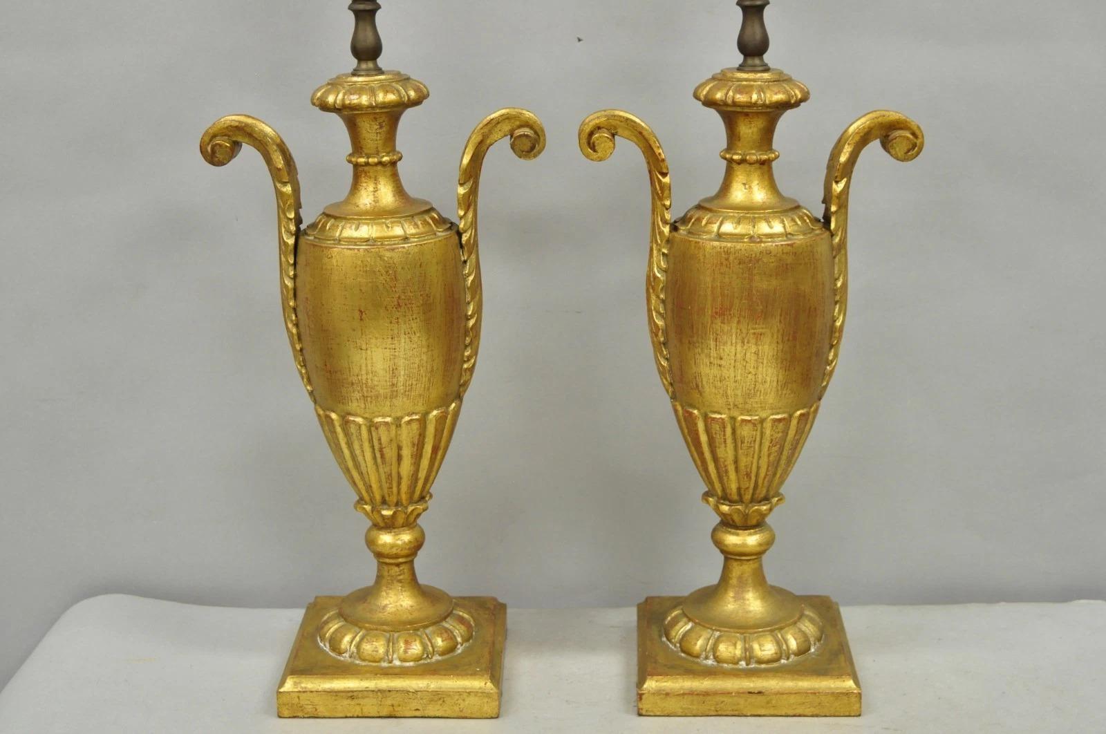 Unknown Vintage Italian Hollywood Regency Gold Giltwood Urn Form Table Lamps - a Pair For Sale