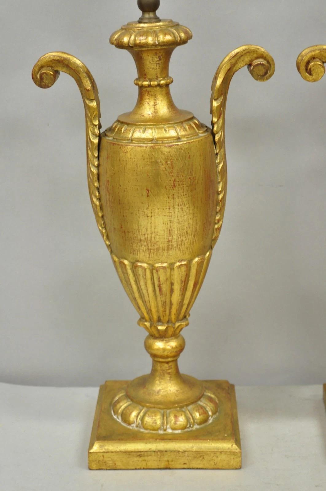 Vintage Italian Hollywood Regency Gold Giltwood Urn Form Table Lamps - a Pair In Good Condition For Sale In Philadelphia, PA