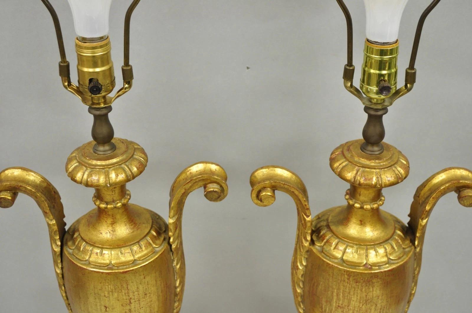 20th Century Vintage Italian Hollywood Regency Gold Giltwood Urn Form Table Lamps - a Pair For Sale