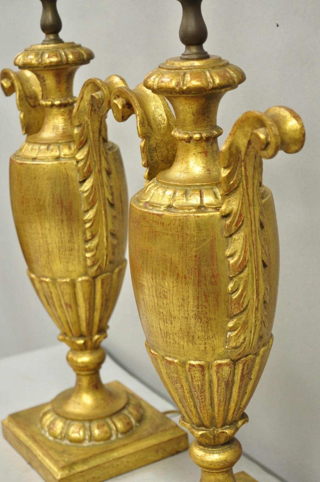 Wood Vintage Italian Hollywood Regency Gold Giltwood Urn Form Table Lamps - a Pair For Sale
